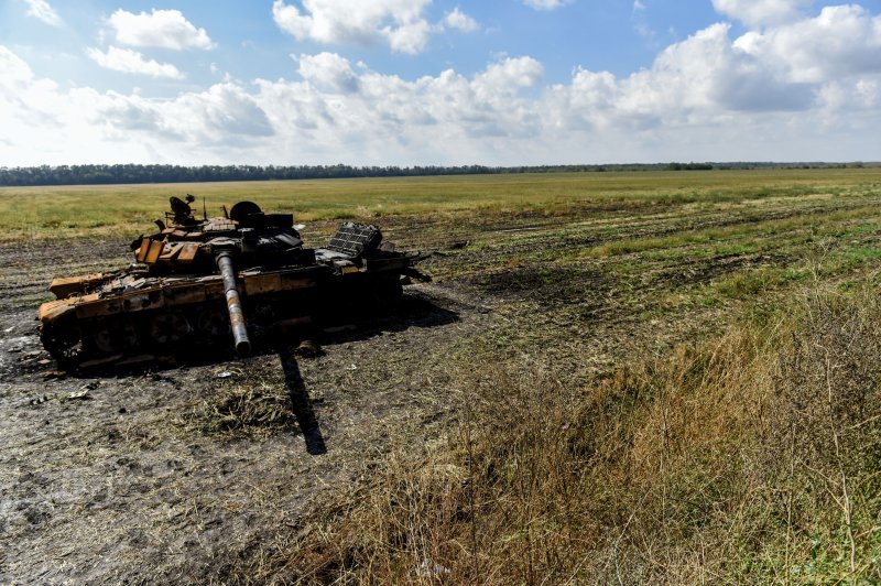 A destroyed Russian tank is seen in a field in Kharkiv, Ukraine, on Saturday. Kharkiv, Ukraine's second-largest city, has escaped total Russian control since the war began in February. Photo by Oleg Petrasyuk/EPA-EFE