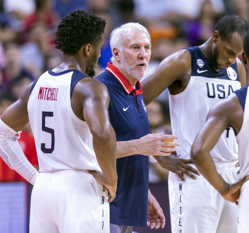 Coach Gregg Popovich leads Team USA in the seventh place match against Poland at the 2019 FIFA World Cup at 4 p.m. EDT Saturday in China. Photo by Alex Plavevski/EPA-EFE