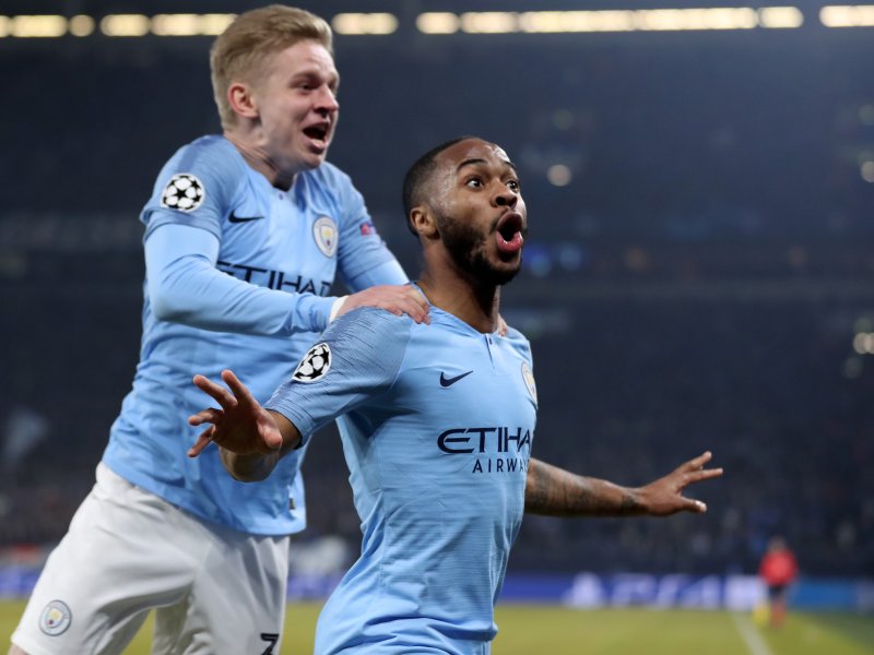 Manchester City's Raheem Sterling (R) celebrates scoring the game-winning goal with Manchester City's Oleksandr Zinchenko (L) during the UEFA Champions League round of 16 first leg soccer match against FC Schalke 04 on Wednesday in Gelsenkirchen, Germany. Photo by Friedemann Vogel/EPA-EFE