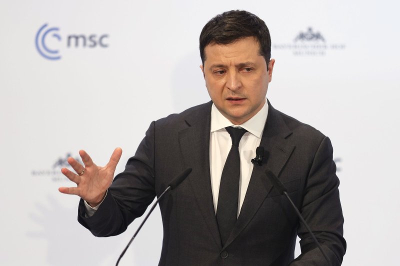 Ukrainian President Volodymyr Zelensky delivers a statement during the 58th Munich Security Conference in Munich, Germany, on February 19. File Photo by Ronald Wittek/EPA-EFE