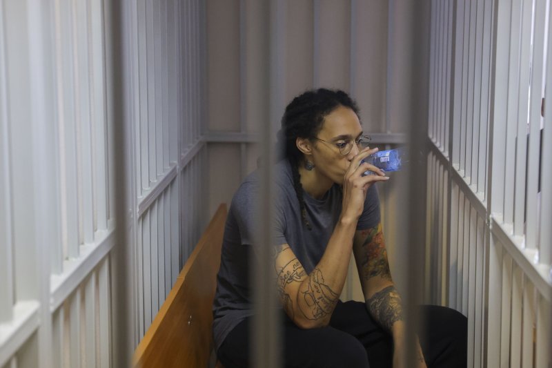 WNBA star Brittney Griner sits inside a defendants' cage in a courtroom in Khimki City near Moscow on August 4. Photo by Evgenia Novozhenina/EPA-EFE