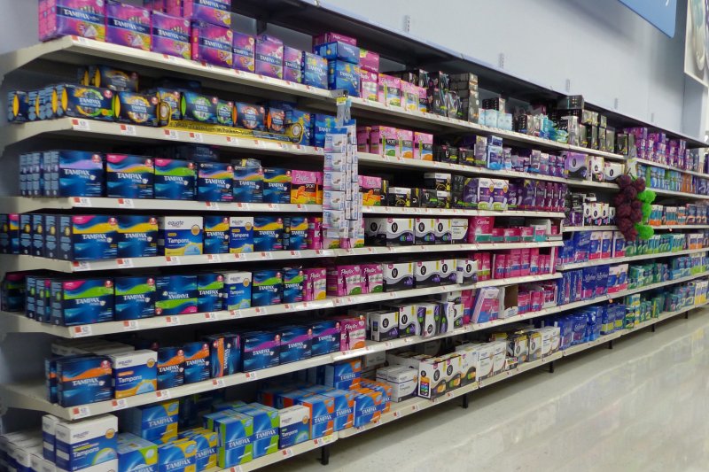 Walmart store shelves are stocked with menstrual pads and tampons. File Photo by Stilfehler/<a href="https://creativecommons.org/licenses/by-sa/4.0/legalcode">Wikimedia Commons&nbsp;</a>