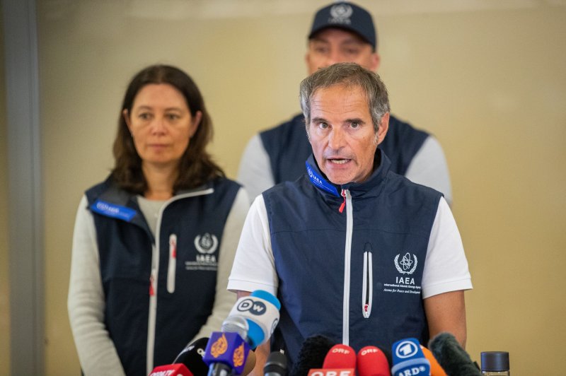 IAEA Director-General Rafael Mariano Grossi holds a news conference about its mission to Zaporizhzhya upon his return from Ukraine, in Vienna, Austria, on Friday. Photo by Max Brucker/EPA-EFE