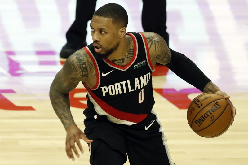 Portland Trail Blazers guard Damian Lillard scored 25 points in the third quarter of a win over the Houston Rockets on Sunday in Portland, Ore. Photo by Etienne Laurent/EPA-EFE