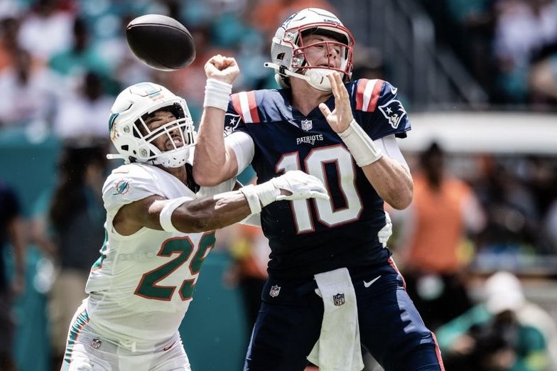 Miami Dolphins safety Brandon Jones sacked New England Patriots quarterback Mac Jones and forced a fumble in a win Sunday in Miami Gardens, Fla. Photo courtesy of the Miami Dolphins