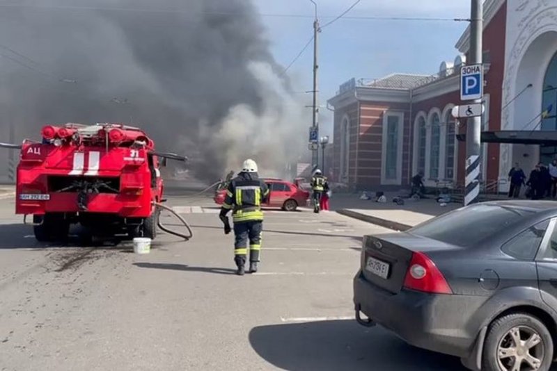 Emergency personnel work at the scene of a missile attack at a train station in Kramatorsk, Ukraine, on Friday. Officials said at least 30 people were killed. Photo courtesy of Donetsk Regional State Administration/EPA-EFE