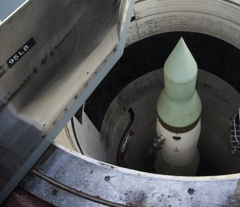 An unarmed U.S. Minuteman intercontinental ballistic missile is seen in its launch silo at the Delta-09 facility near Wall, South Dakota, on March 23, 2015. The launch site was decommissioned in 1994 following the Strategic Arms Reduction Treaty (SALT) signed years earlier by President George H. W. Bush and Soviet leader Michael Gorbachev. The United States and Russia, which possess more than 90 percent of the world's nuclear arms, have gradually reduced their stockpiles for the last four decades. File Photo by Jim Lo Scalzo/European Pressphoto Agency