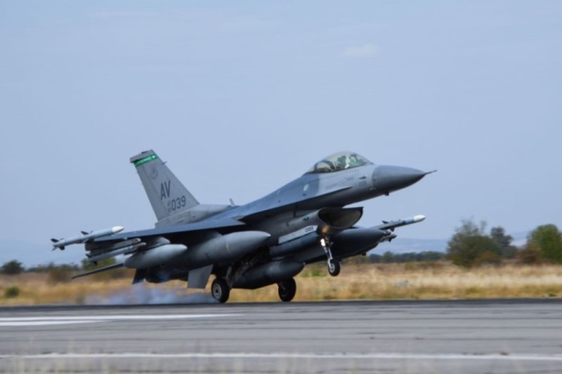 A U.S. Air Force F-16 Fighting Falcon assigned to the 555th Fighter Squadron a Aviano Air Base, Italy, lands at Graf Ignatievo Air Base, Bulgaria, for an exercise in September. Photo by Ericka A. Woolever/NATO