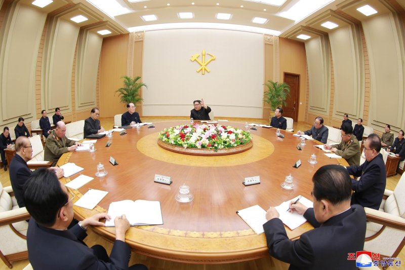 A photo released by the North Korean Central News Agency (KCNA), the state news agency of North Korea, shows a meeting of the Political Bureau of the Central Committee of the Workers' Party of Korea held on under the guidance of Kim Jong Un, on Apr. 9, 2018. Photo by KCNA