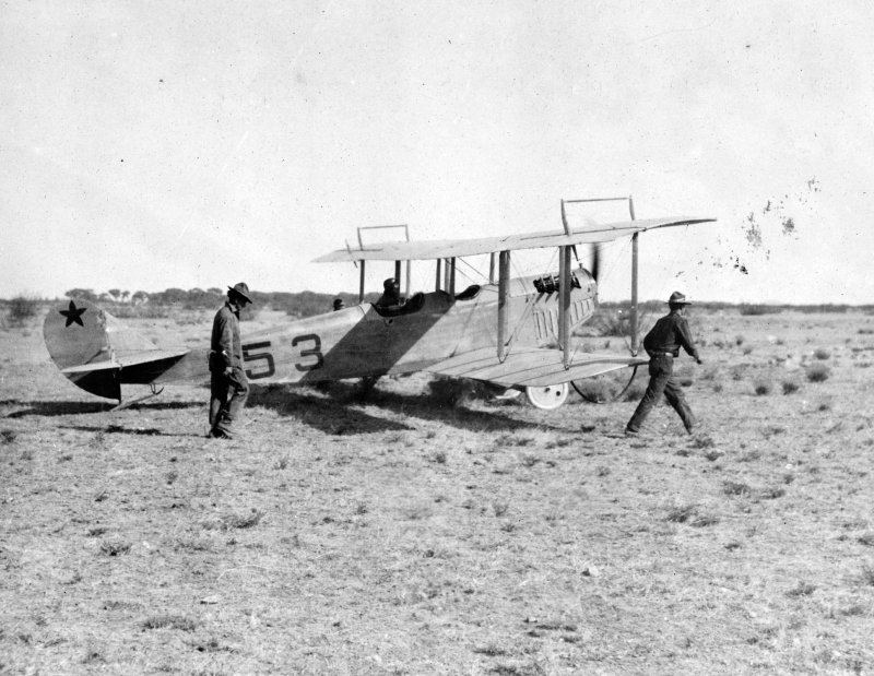 Lieutenant Carleton G. Chapman of the 1st Aero Squadron, U.S.A. Aviation Corps, leaving Casas Grandes, Mexico on a scouting mission during the 1916-1917 Pancho Villa Expedition in Mexico. File Photo by Library of Congress/UPI