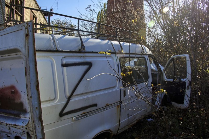 A damaged vehicle marked with the letter Z in the recently recaptured village of Lyptsi, near Kharkiv, northeastern Ukraine, on Saturday. The Ukrainian army pushed Russian troops from occupied territory in the northeast of the country in counterattacks. Kharkiv and surrounding areas have been the target of heavy shelling since February. Photo by Sergey Kozlov/EPA-EFE