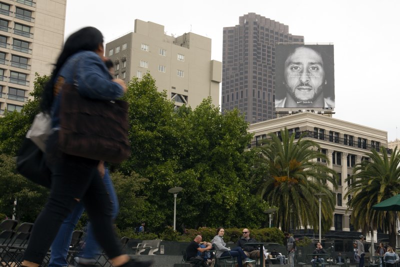 A Nike billboard features an image of NFL quarterback Colin Kaepernick near Union Square in San Francisco. Photo by D. Ross Cameron/EPA-EFE