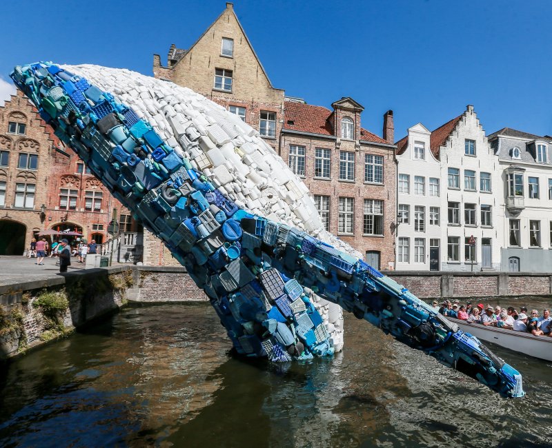A whale made up of five tons of plastic waste pulled out of the Pacific Ocean is displayed in Bruges, Belgium, in August 2018 to highlight the dangers of plastic waste polluting rivers and oceans. Photo by Stephanie Lecocq/EPA-EFE