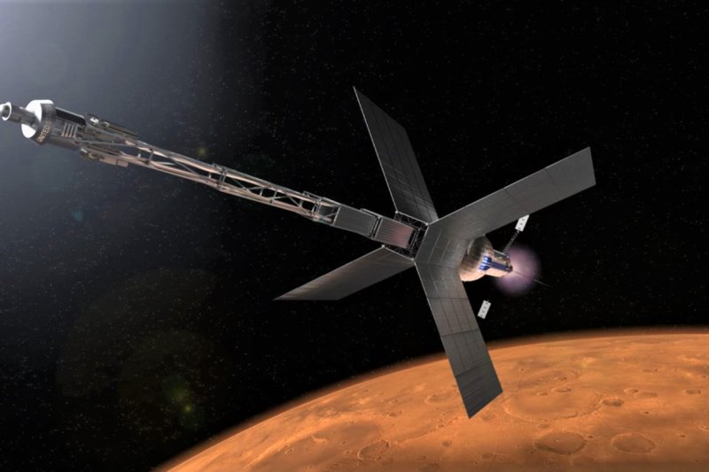 An illustration depicts a nuclear-powered, crewed Mars spacecraft. Image courtesy of NASA