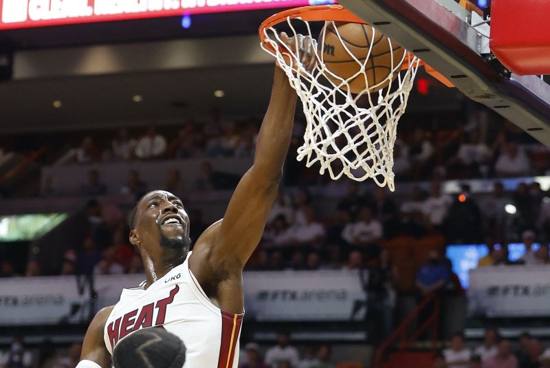 Miami Heat center Bam Adebayo totaled 22 points and eight rebounds in a win over the Detroit Pistons on Wednesday in Miami. Photo by Rhona Wise/EPA-EFE
